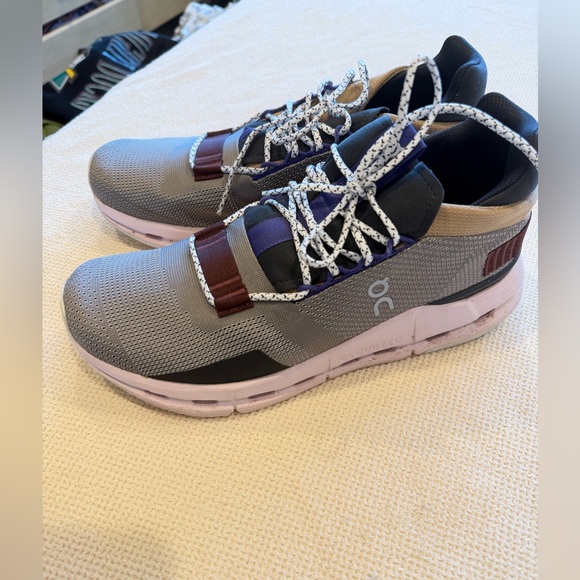 On Running Cloud Cloudnova Sneakers in Tan, Black & Purple Pink Accents - Picture 5 of 10